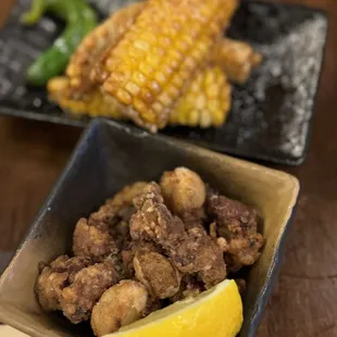 Crisp corn fritters and garlic gizzards. Yummmm