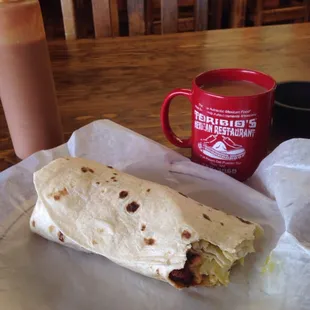 Potato; egg and chorizo breakfast burrito.