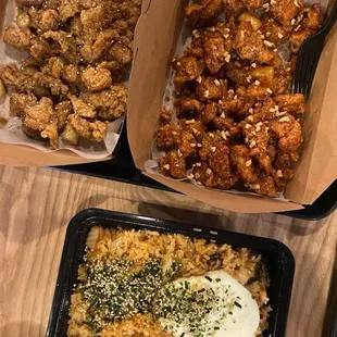 Spicy yangnyeom, mild soy garlic and Kimchi Fried Rice (With Egg)