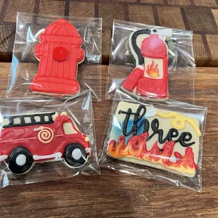 firetruck, fire hydrant, and fire hydrant cookies