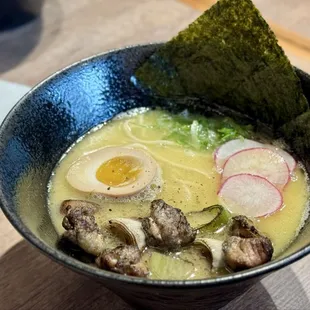 Japanese BBQ chicken ramen, undersized for its price and with served with many undercooked elements
