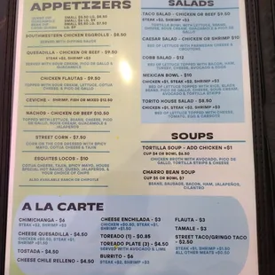 a menu for appetizers