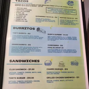 the menu for the restaurant