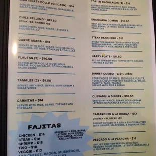 the menu of the restaurant