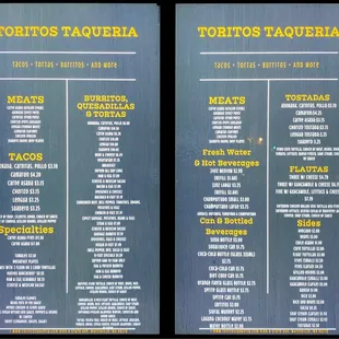 Toritos Taqueria&apos;s menu