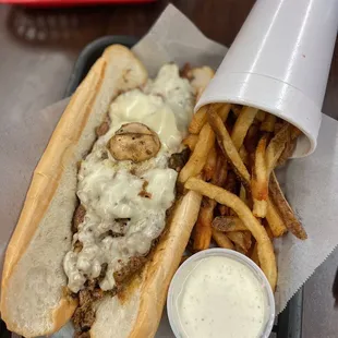 ig: @ whatsviveating  |  steak and mushroom philly sandwich, fresh cut fries, and ranch