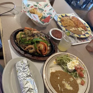 Texas fajitas, steak and burrito
