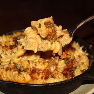 The Pork Belly Mac &amp; Cheese is made with Stranahan&apos;s whiskey &amp; chorizo bread crumbs.