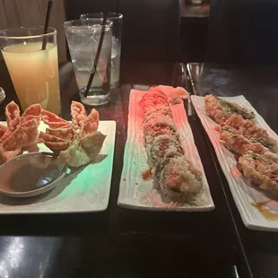 Crab Rangoon (4), Volcano Roll, Stuffed Jalapeno Tempura (6)