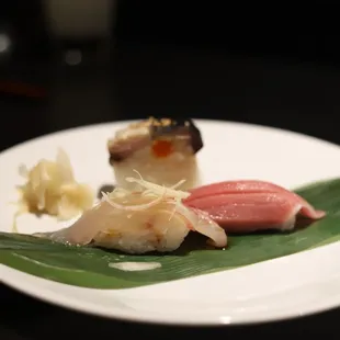 Savor the symphony of flavors with the Orsaba Bou Sushi plate, featuring red snapper with myoga, chutoro, and marinated mackerel.