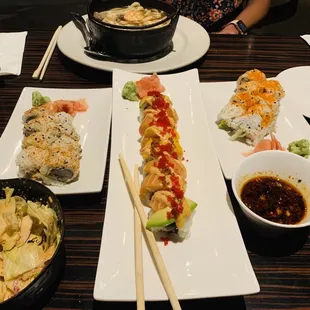 Sushi rolls, soup and salad. Chili ponzu sauce.