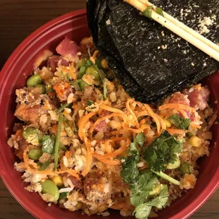 My custom Poke bowl all mixed up- Ahi &amp; Spicy Tuna