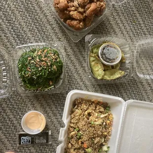 Chicken Karaage, Seaweed Salad, Veggie Gyoza, pork Fried Rice.