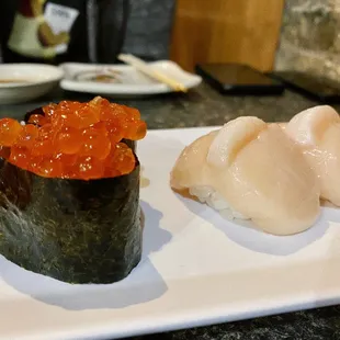 Ikura Nigiri (Salmon Roe) and Scallop Nigiri