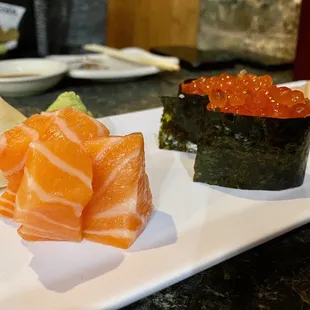 Salmon Sashimi and Ikura Nigiri (Salmon Roe)