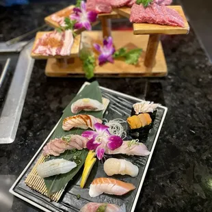 Sushi omakase, 6/10, nothing special but good presentation. Wagyu beef on grill combo, 6/10