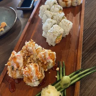 Portland roll and Toro roll. Tempura  and vegetable mix. (Shrimp eaten already)