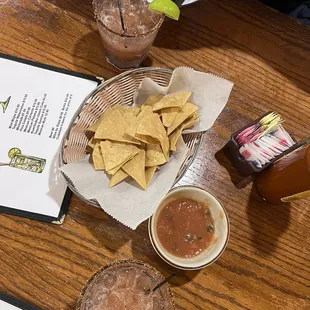 Chips, salsa, prickly pear margarita $11