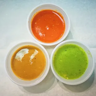 Our sauces: Red (¡Hot!), Brown (Medium), Green (Mild)