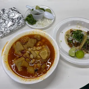 Menudo con páta, tacos: Al Pastor and Carne Asada!