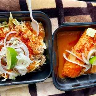 L: tacos dorado de papa con carnitas                                           R: torta ahogada de carnitas