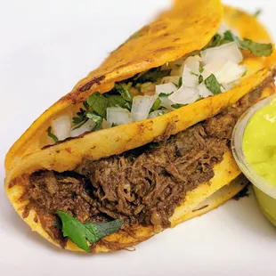 Birria, pretty good with onion and cilantro sandwiched in a separate layer