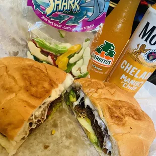 melaneza torta , beans , avacado, mayo, mexican mozzarella, lettuce, tomato.. Mango jarritos and a mango chile modelo!!!