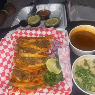 Birra tacos with cilantro rice and consume.