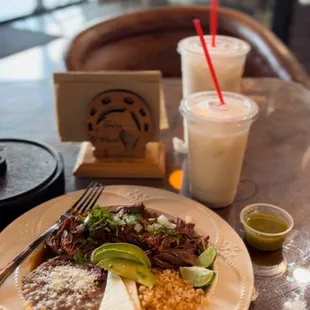 Birria combo plate and agua de horchata!