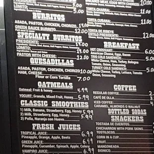Menu of Tortas, breakfast, tavis burritos and quesadillas