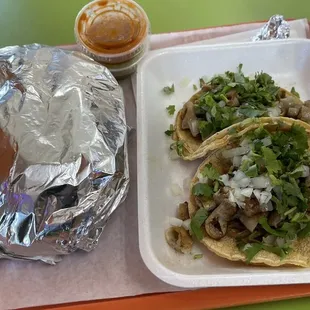 Chorizo and Egg Torta and Tripe Tacos. Very good!