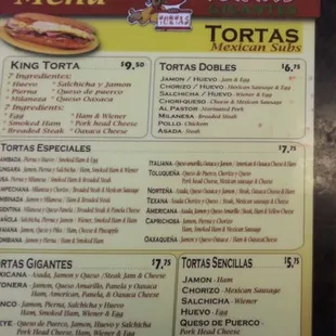Menu of tortas