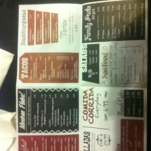 Full menu many entrees from mexican plates , salads &amp; sea food and good size drinks dont have to bother refilling