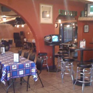 Shows almost entire indoor seating exempting bar, kitchen, and restrooms.