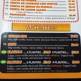 Antojitos menu