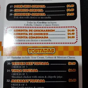 Gordita and tostada menu