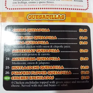 Quesadilla menu.