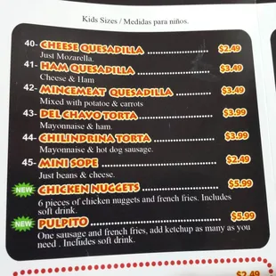 Kids menu