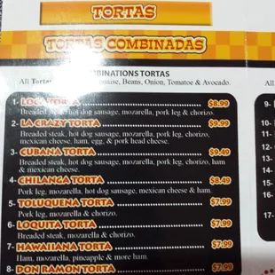 Menu of the combination tortas. Priced may seem steep but they are big enough to share.