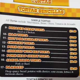 Menu of the simple tortas.