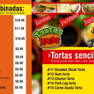 a menu for tortass