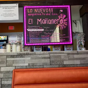 a menu on the wall