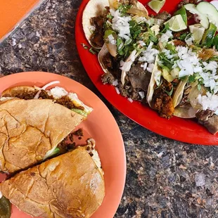 Asada Torta and an assortment of tacos. Yum!