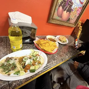 Tacos, chips, salsa, and torta