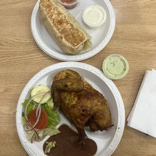 1/2 chicken platter, Tex-mex Burrito
