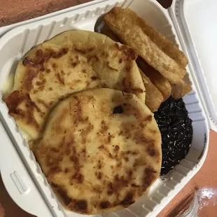 Pupusa Platter with black beans and yucca