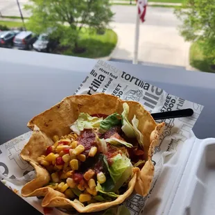 Tortilla Street Food Truck  Mexican Street Taco Bowl: Ground Beef, onion, peppers, corn, Mexican rice, lettuce &amp; mild salsa  $11
