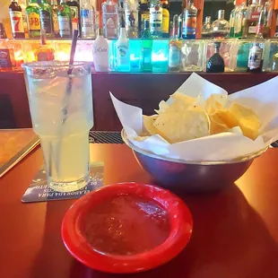 a bowl of chips and a glass of water
