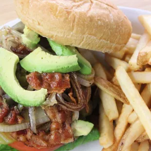 Ultimate Burger - most requested burger. Served with grilled onions, bacon, avocado, green chile, cheese. Served with french fries.