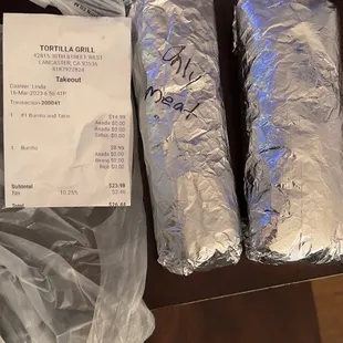 All meat burrito vs burrito with rice, beans and meat. As u can see the width is less than the width of the receipt.